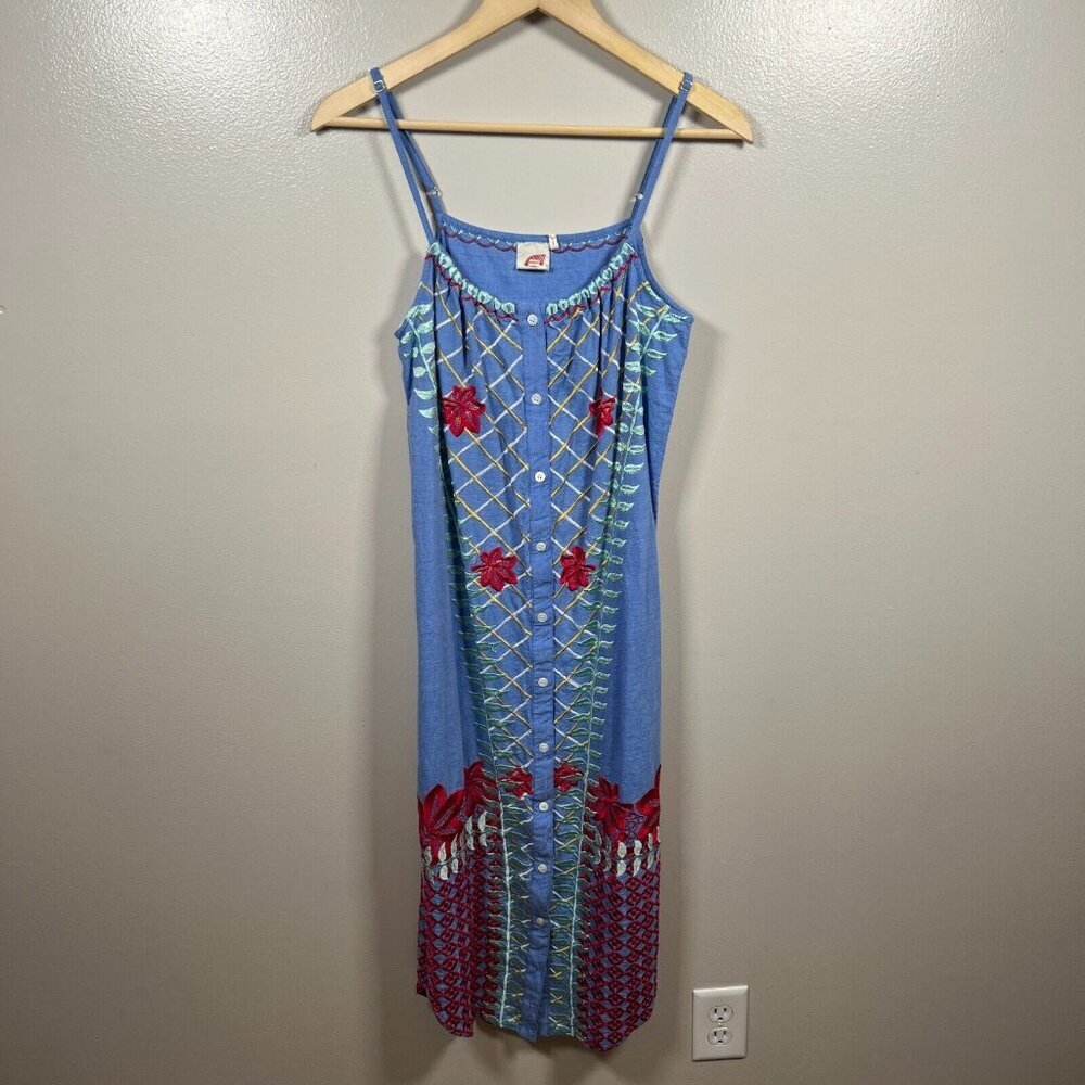 Anthropologie Blue Midi Dress with Pink Floral Embroidery - Picture 2 of 10